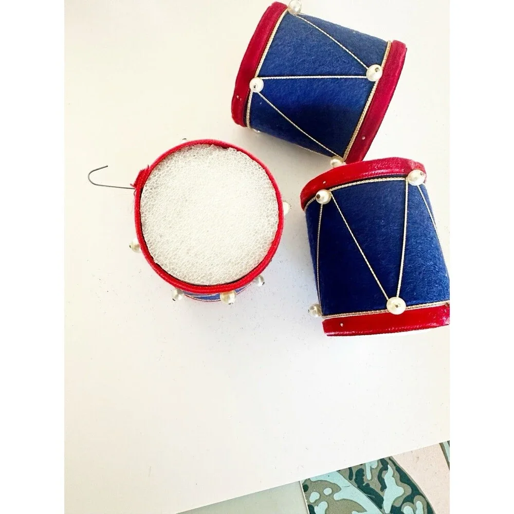 Vintage Christmas Ornaments Flocked Drums Red and Blue Velvet Pearls Lot Of 12